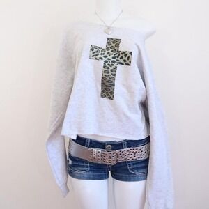 y2k leopard cross sweatshirt grey off shoulder raw hem indie sleaze